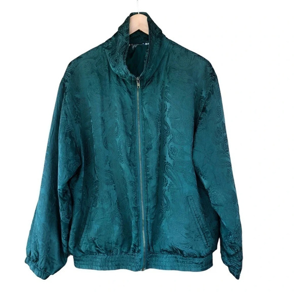 Vintage 90s 100% silk green paisley street wear bomber jacket Holiday & Winter - Picture 2 of 9
